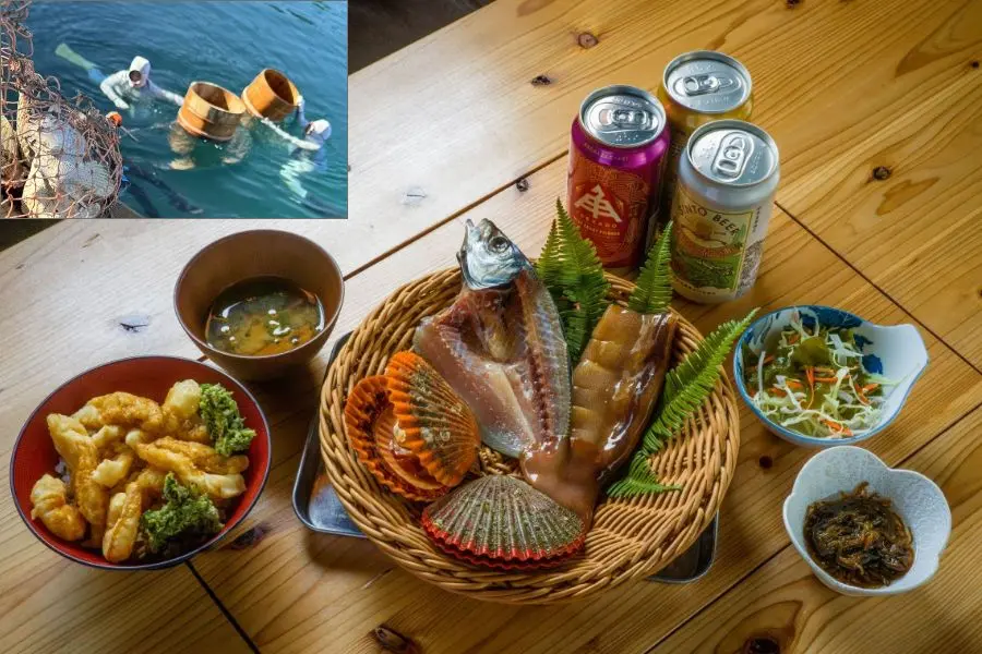 海女の庭・地物へのこだわりがたっぷりと詰まった海女さんコースの料理と地ビールの画像