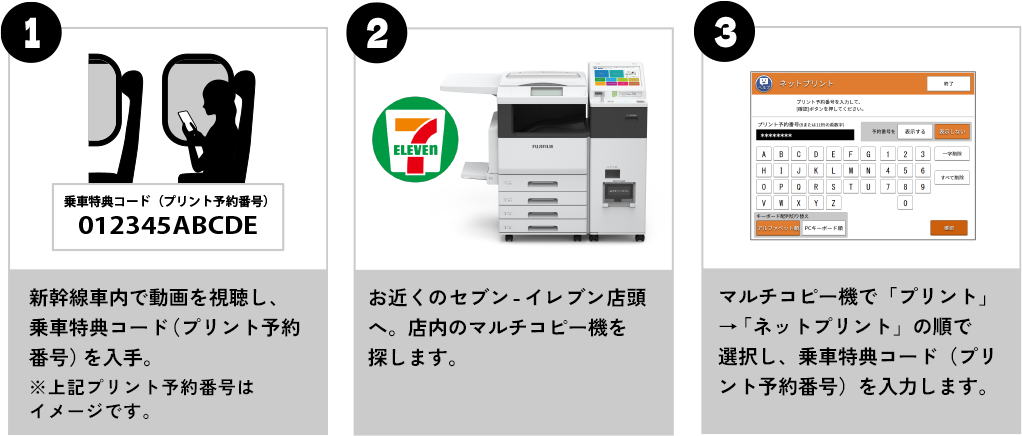 1 新幹線車内で動画を視聴し、乗車特典コード（プリント予約番号）を入手。※上記プリント予約番号はイメージです。 2 お近くのセブン-イレブン店頭へ。店内のマルチコピー機を探します。 3 マルチコピー機で「プリント」→「ネットプリント」の順で選択し、乗車特典コード（プリント予約番号）を入力します。