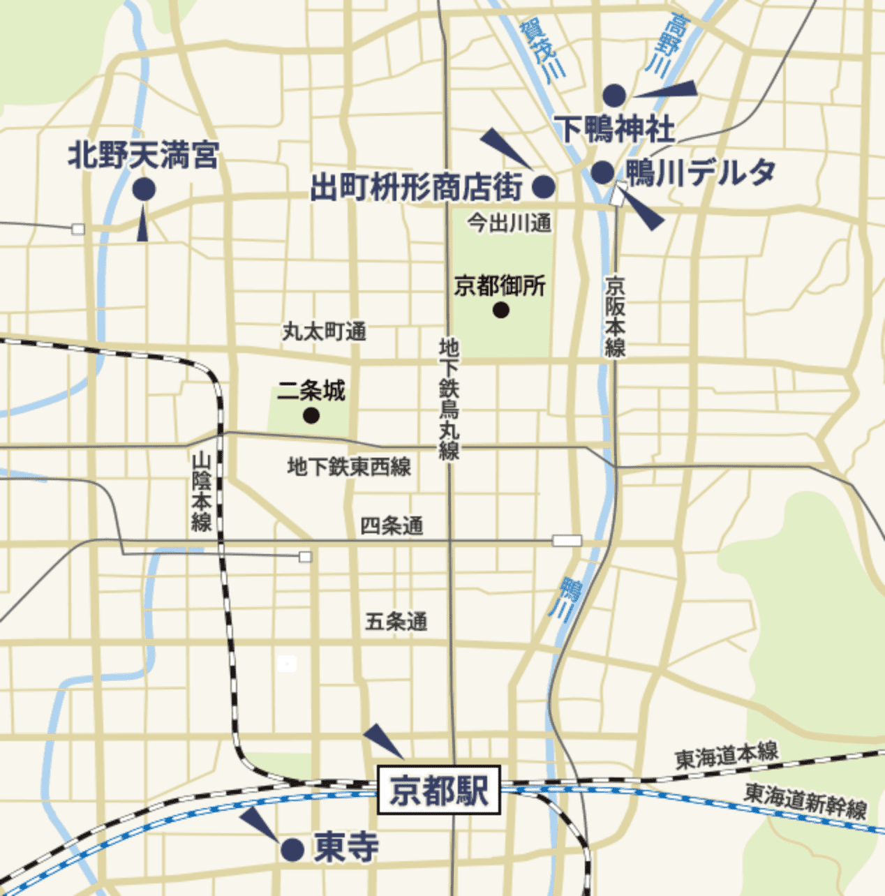 スタンプラリースポットの地図 ①京都駅 ②東寺 ③鴨川デルタ ④下鴨神社 ⑤出町枡形商店街 ⑥北野天満宮