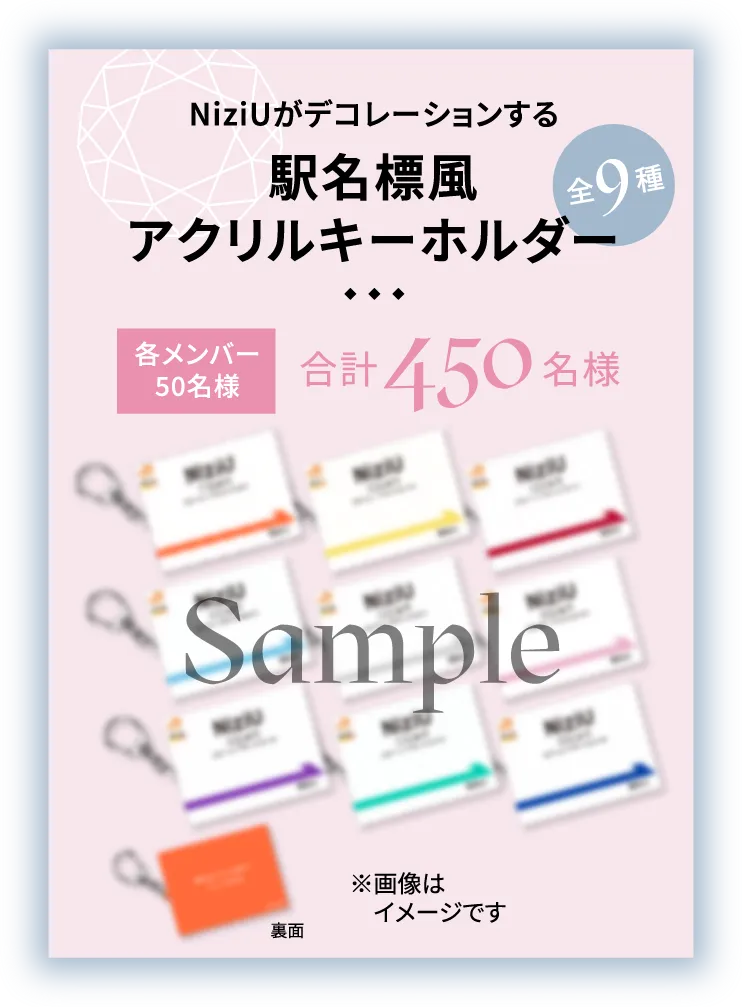 NiziUがデコレーションする駅名標風アクリルキーホルダー（全9種） 各メンバー50名様 合計450名様 ※画像はイメージです。