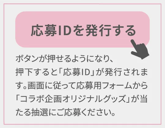 「応募IDを発行する」ボタンが押せるようになり、押下すると「応募ID」が発行されます。画面に従って応募用フォームから「コラボ企画オリジナルグッズ」が当たる抽選にご応募ください。