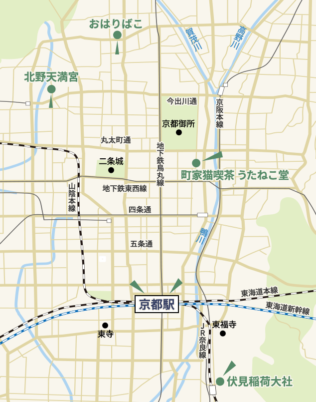 スタンプラリースポットの地図 ①京都駅 ②東寺 ③鴨川デルタ ④下鴨神社 ⑤出町枡形商店街 ⑥北野天満宮