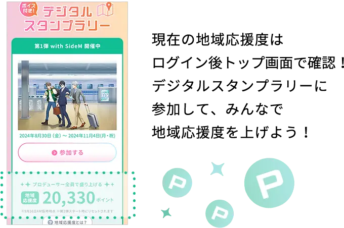 現在の地域応援度はログイン後トップ画面で確認！デジタルスタンプラリーに参加して、みんなで地域応援度を上げよう！