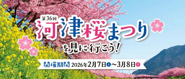 【リンクバナー】第36回 河津桜まつりを見に行こう！ 開催期間：2026年2月7日（土）〜3月8日（日）