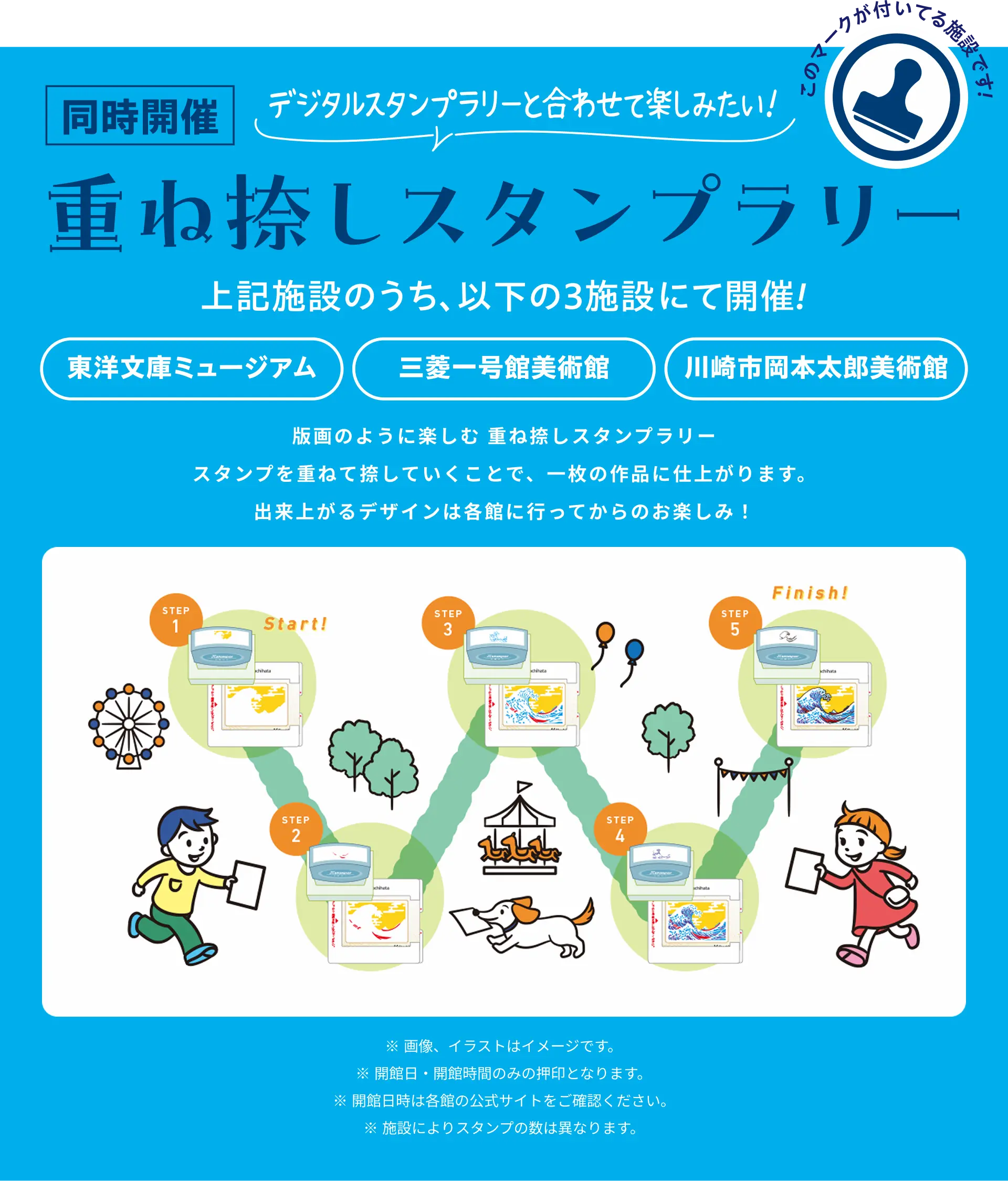 【同時開催】デジタルスタンプラリーと合わせて楽しみたい！ 「重ね捺しスタンプラリー」（東洋文庫ミュージアム、三菱一号館美術館、川崎市岡本太郎美術館）版画の様に楽しむスタンプラリー。スタンプを重ねていくことで、一枚の作品に仕上がります。出来上がるデザインは各地に行ってからのお楽しみ！